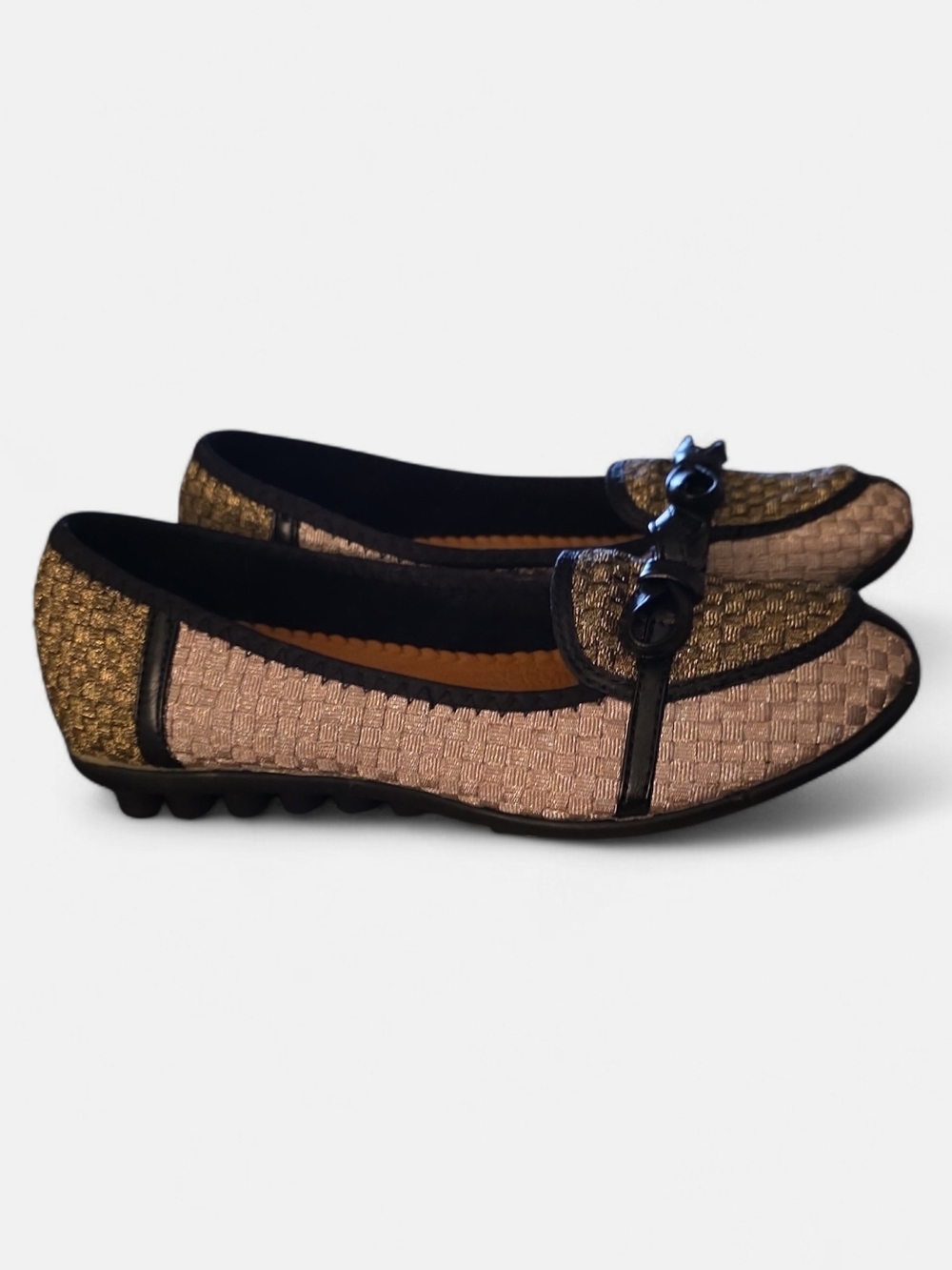 bernie mev. Woven Pink and Gold Ballet Flats with Black Trim